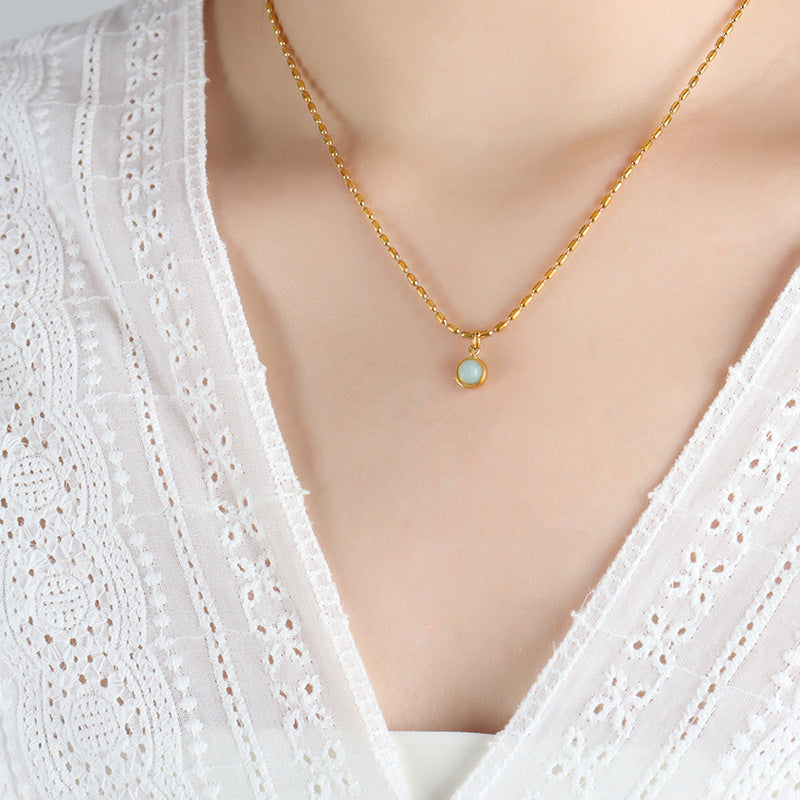 Round Natural Stone Pendant Beaded Chain Necklace