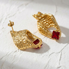 18K Gold-Plated Textured Shell Cubic Zirconia Earrings