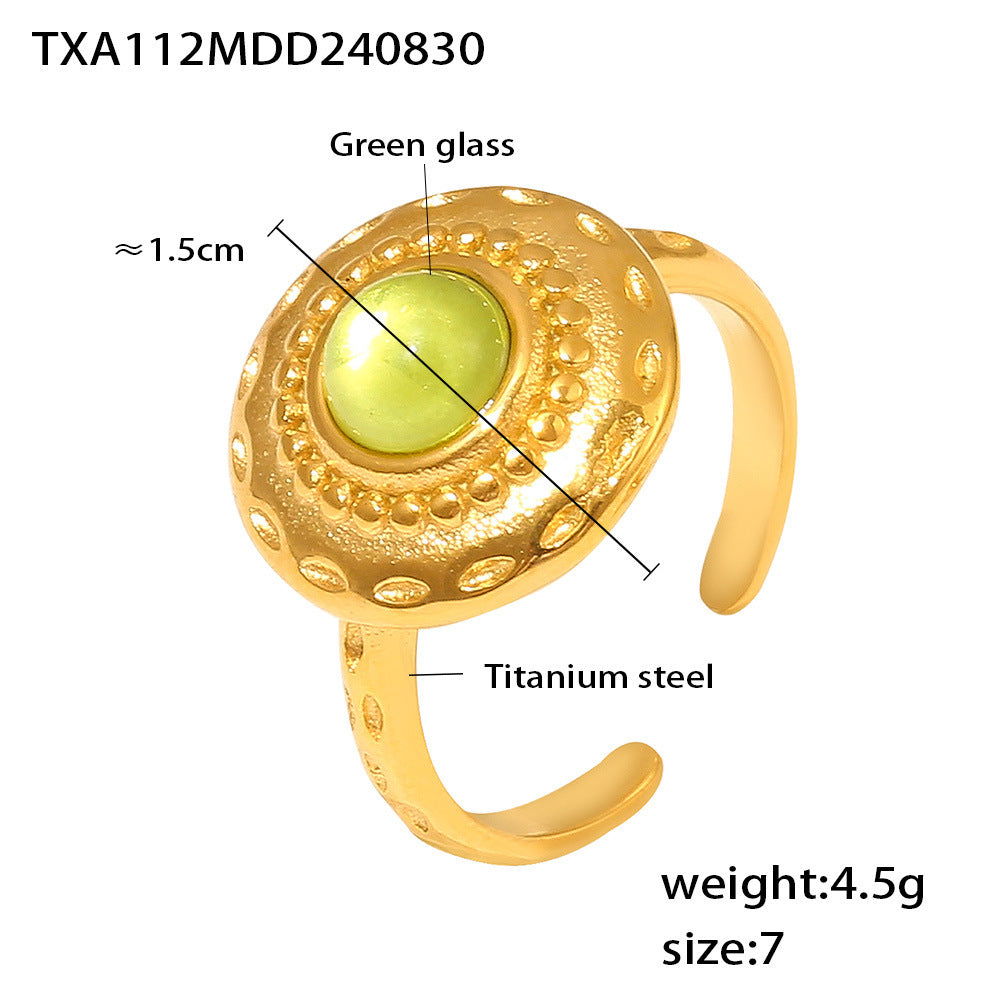 Green Glass Stone Textured Earrings & Open Ring