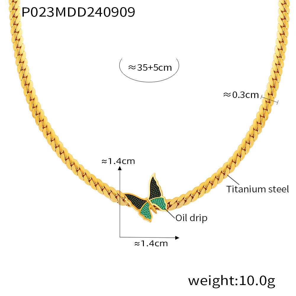 Green Enamel Butterfly Curb Necklace