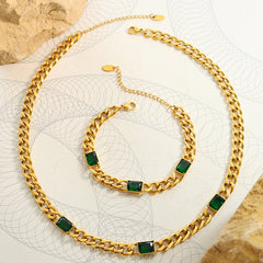Green Glass Curb Chain Necklace & Bracelet