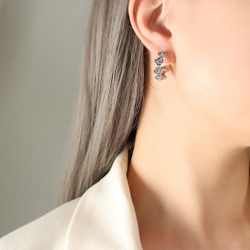 Rose-Textured Stainless Steel Hoop Earrings