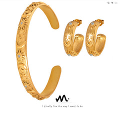 Embossed Floral Hoop Earrings & Open Cuff