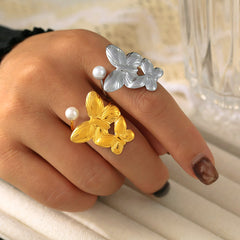 Floral Pearl-Look Earrings or Open Ring