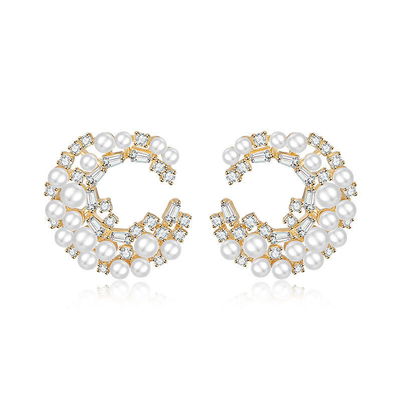 Daphne Vintage-Inspired Pearl Pavé Moon Stud Earrings