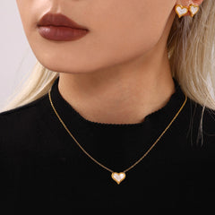 Mother-of-Pearl Heart Necklace and Stud Earrings