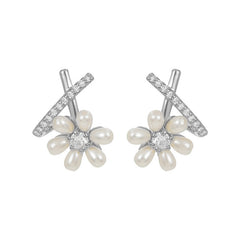 Nicolette Vintage-Inspired Pearl Pavé Floral Stud Earrings