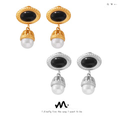 18K Gold-Plated Black Agate Pearl-Look Drop Earrings