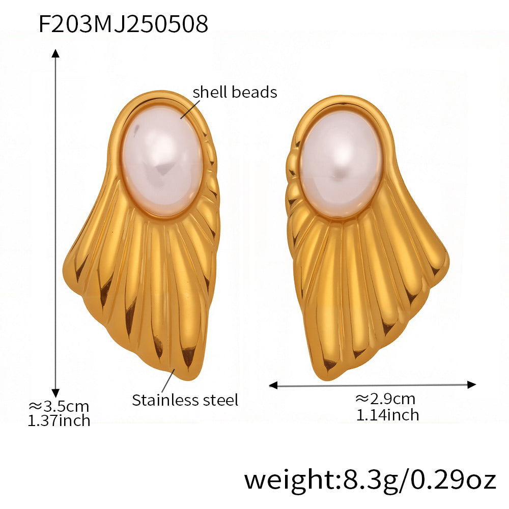 Shell-Pearl Fan-Shaped Stud Earrings