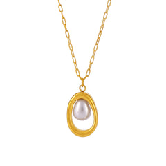 Gold-Tone Oval Pearl-Look Pendant Necklace