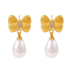 18K Gold-Plated Bow Pearl-Look Drop Earrings