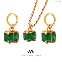 Green Cubic Zirconia Pendant Necklace & Hoop Earrings