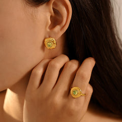 Green Glass Stone Textured Earrings & Open Ring