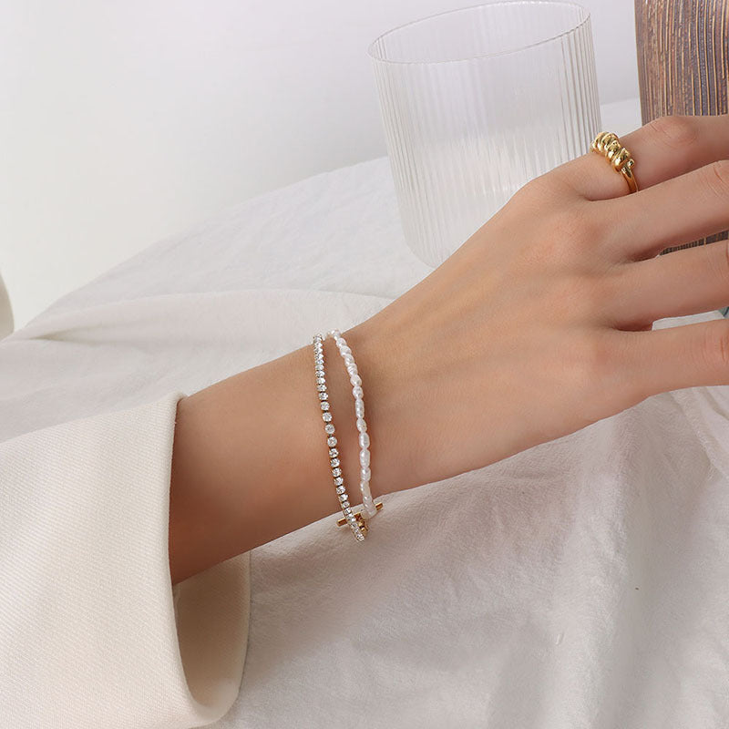 Freshwater Pearl & Cubic Zirconia Double-Layer Bracelet