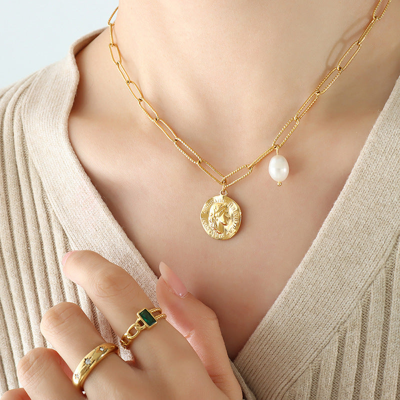 Freshwater Pearl & Portrait Coin Necklace