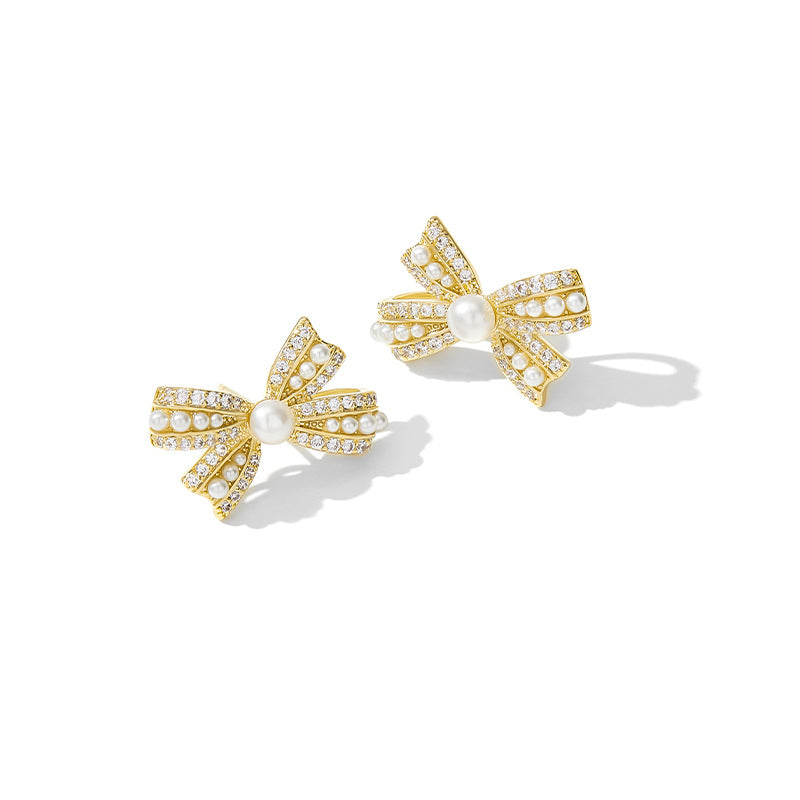 Nicolette Vintage-Inspired Pearl Pavé Bow Stud Earrings
