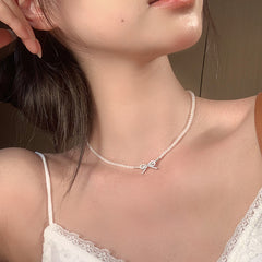 Nicolette Pearl Pavé Bow Necklace