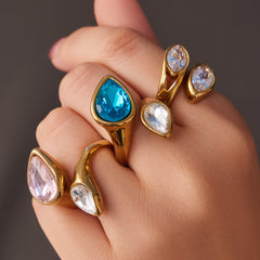 18K Gold-Plated Faceted Glass and Cubic Zirconia Rings