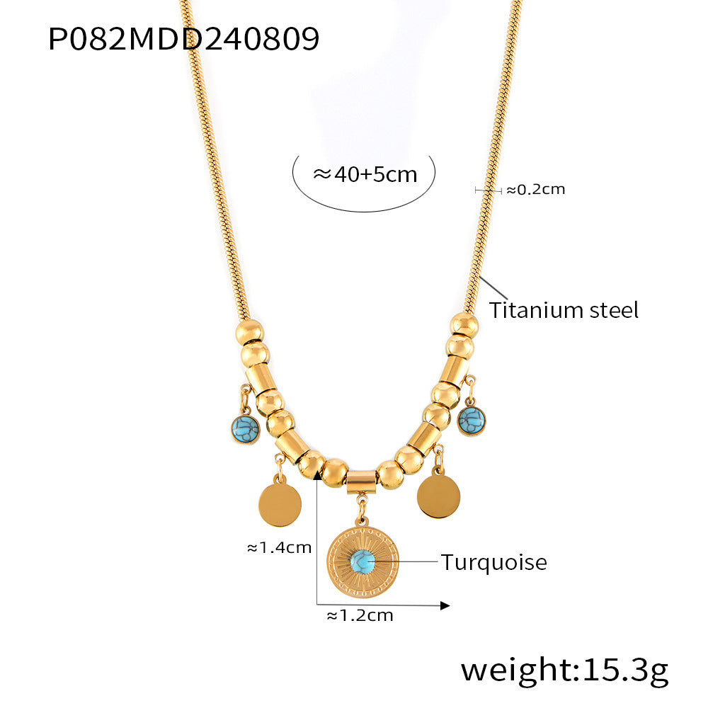 18K Gold-Plated Blue Stone Disc Charm Necklace & Bracelet