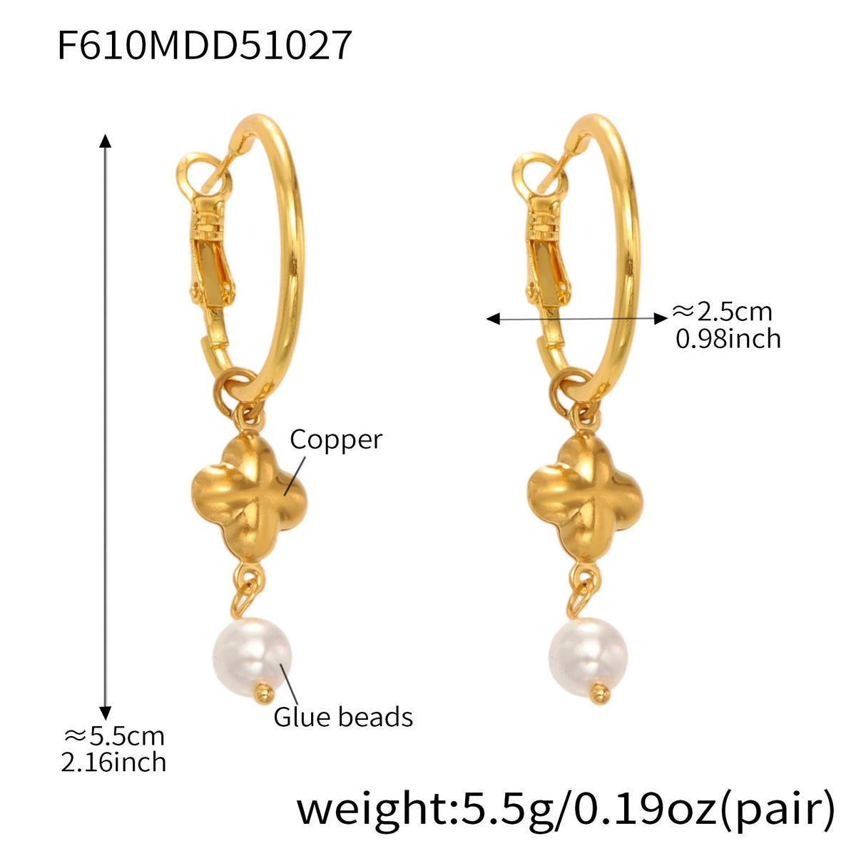 18K Gold-Plated Clover Pearl-Look Drop Hoop Earrings
