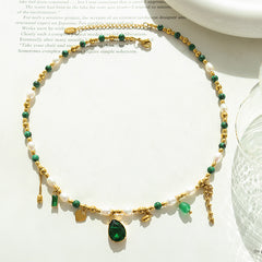 Green Stone & Freshwater Pearl Charm Necklace