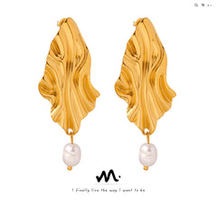 Textured Leaf Freshwater Pearl Drop Earrings