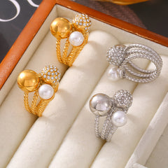 18K Gold-Plated Pearl-Look and Sparkling Bead Ring