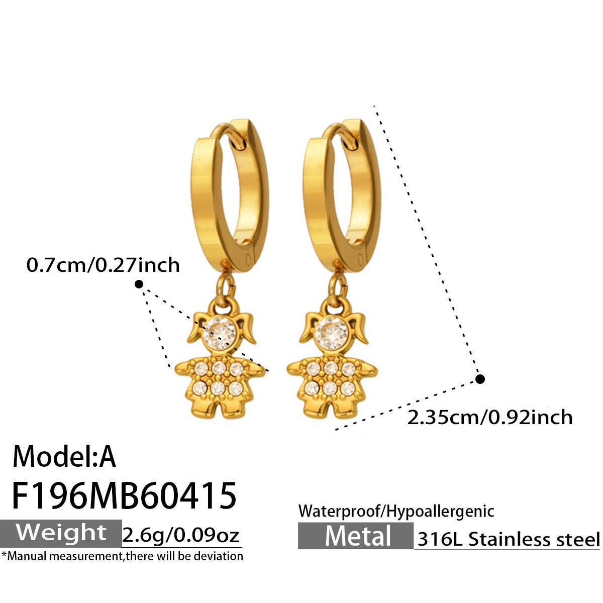 18K Gold-Plated Cubic Zirconia Doll Charm Earrings