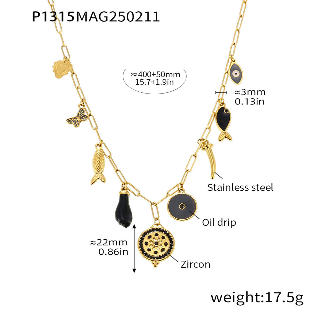 Enamel Fish & Cubic Zirconia Charm Necklace