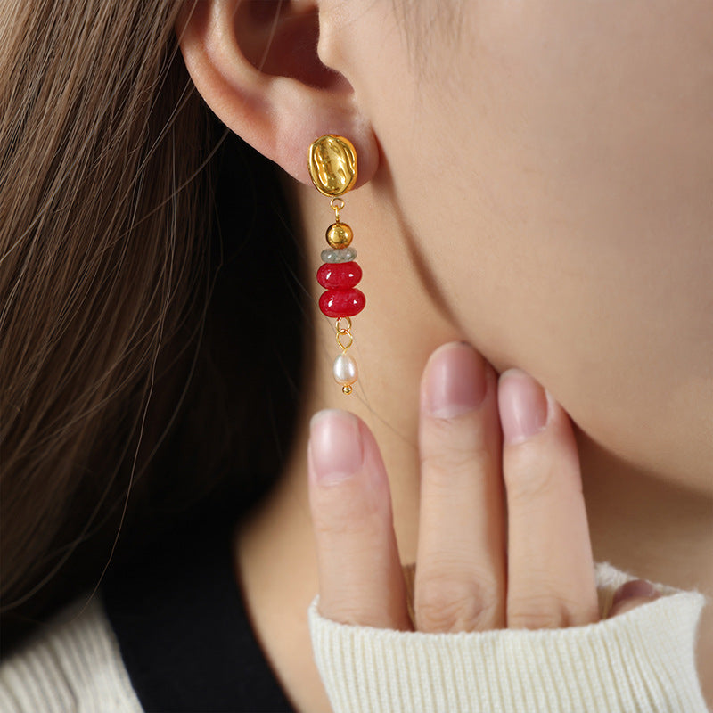 Natural Stone & Freshwater Pearl Beaded Drop Earrings