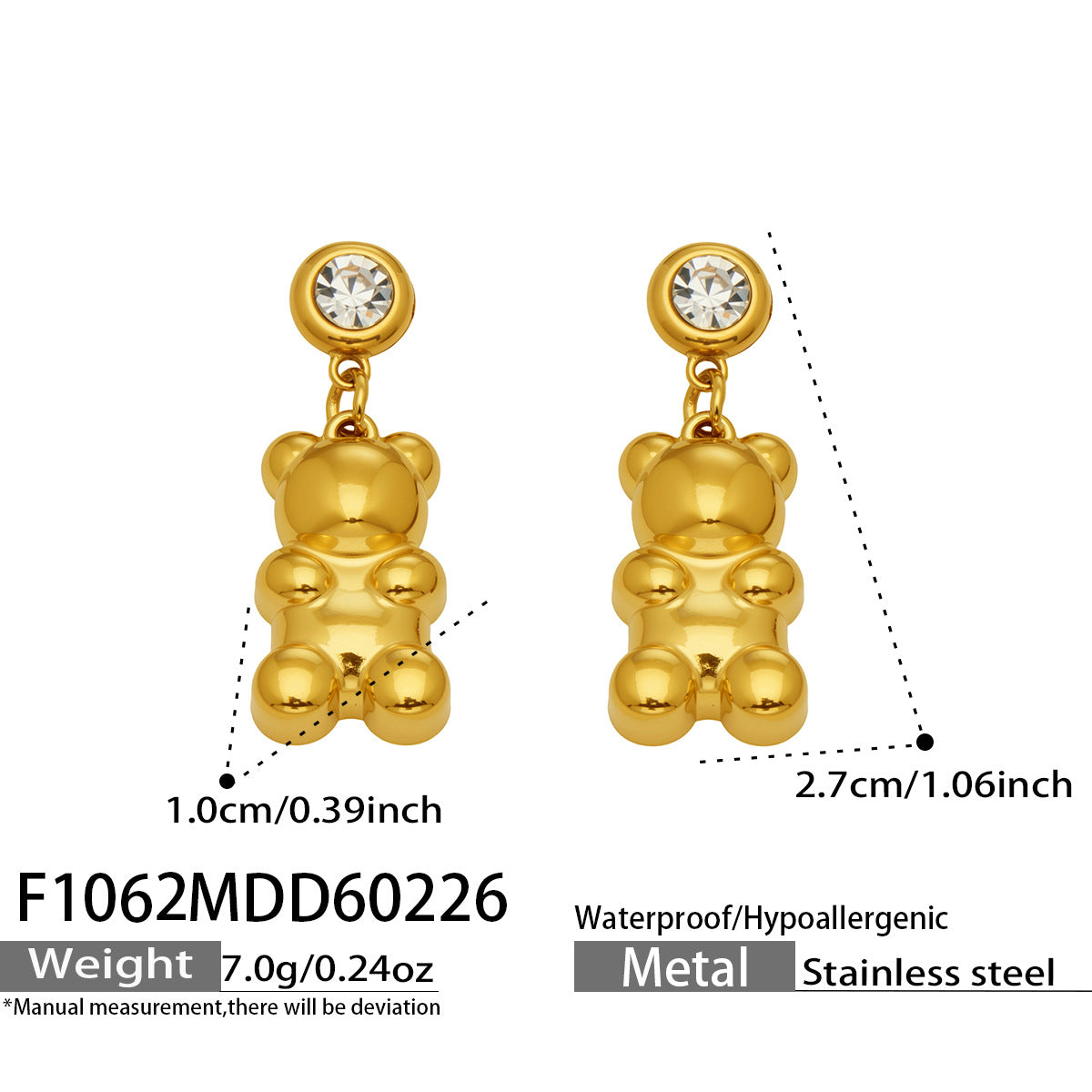 Cubic Zirconia Teddy Bear Drop Earrings