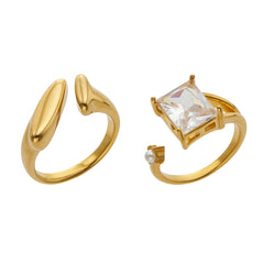18K Gold-Plated Geometric & Glass-Stone Open Rings