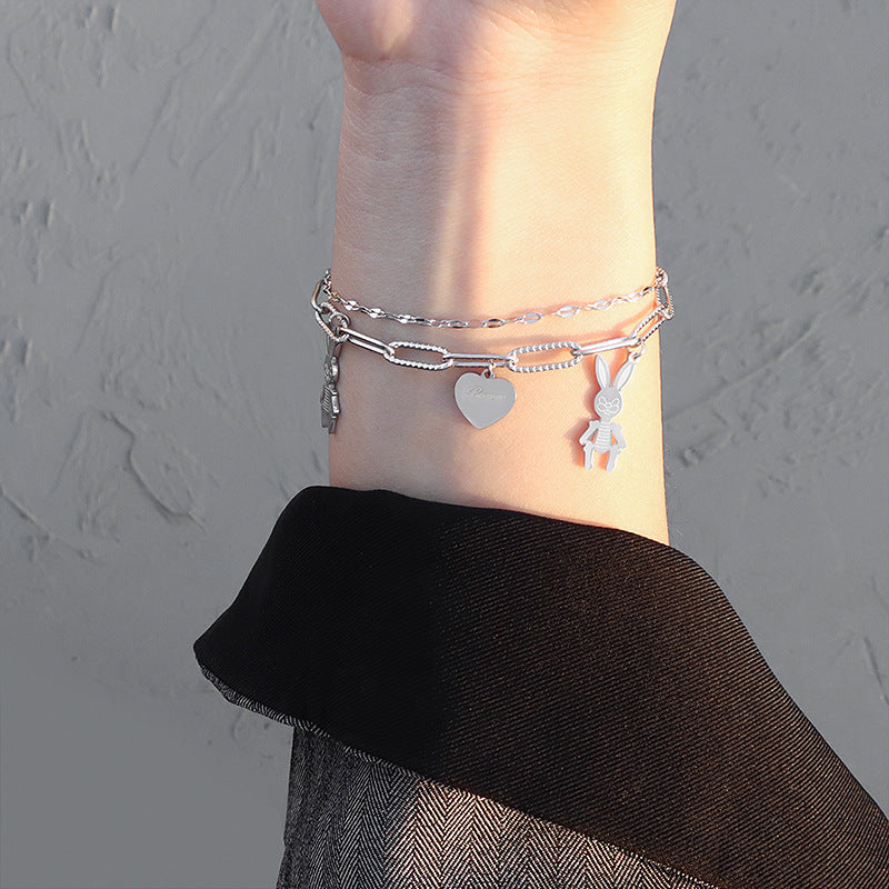 Rabbit and Heart Charm Link Bracelet