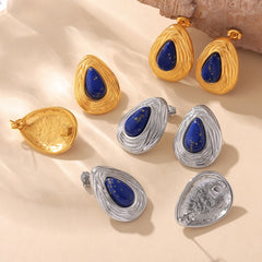 18K Gold-Plated Blue Stone Teardrop Stud Earrings