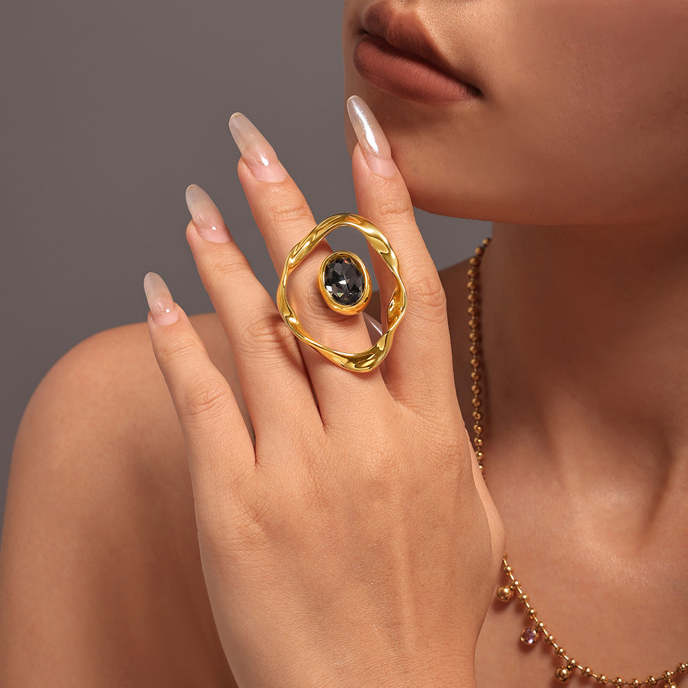 Faceted Czech Glass Sculptural Open Ring