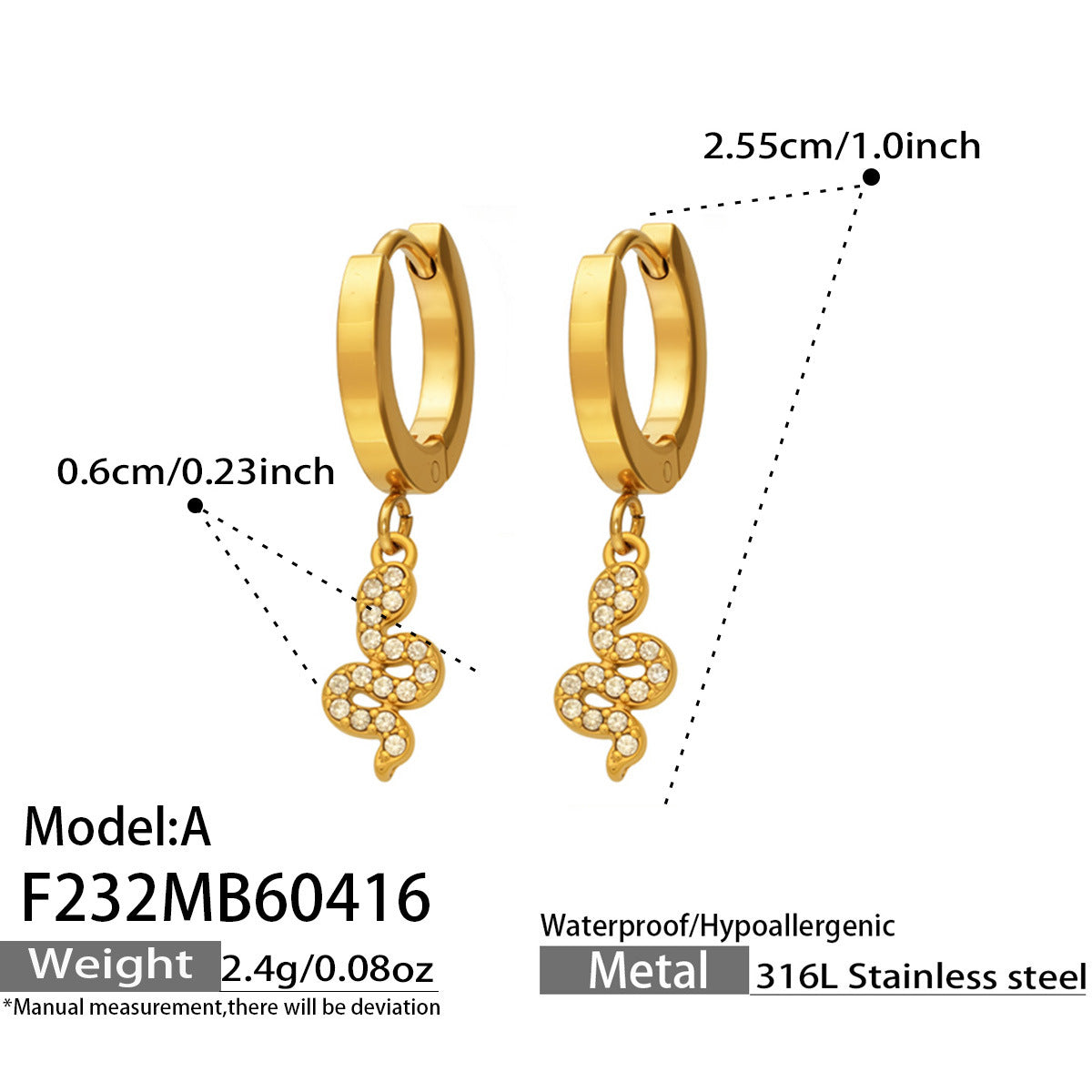 Cubic Zirconia Snake Charm Earrings