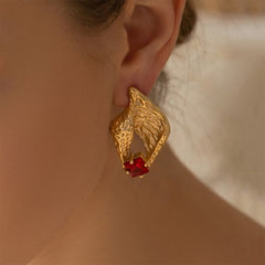 18K Gold-Plated Textured Shell Cubic Zirconia Earrings