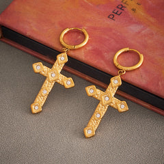 18K Gold-Plated Cubic Zirconia Cross Drop Earrings