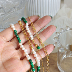 Green Stone & Freshwater Pearl Necklace or Earrings