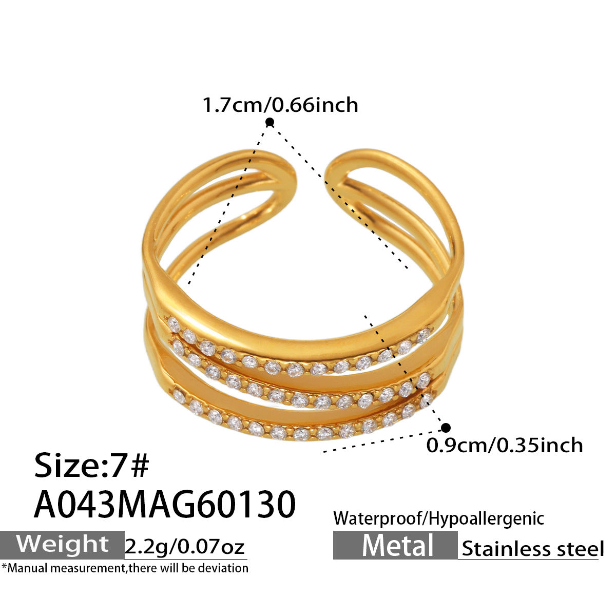 18K Gold-Plated Cubic Zirconia Three-Row Open Ring