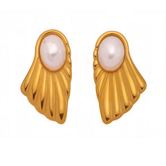 Shell-Pearl Fan-Shaped Stud Earrings