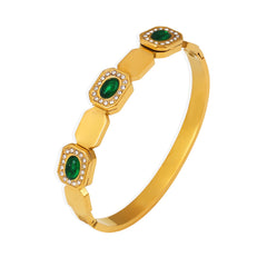 18K Gold-Plated Green Accent Geometric Bangle