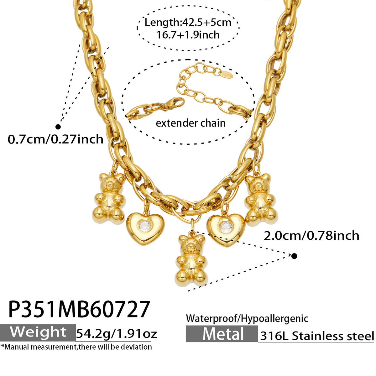18K Gold-Plated Bear and Heart Charm Necklace