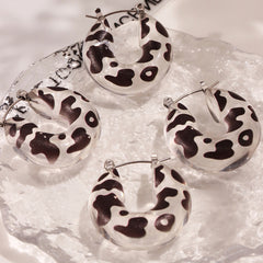 Silver-Tone Leopard Pattern Resin Hoop Earrings