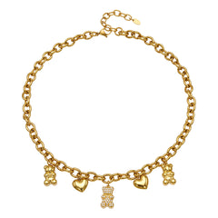Gold-Tone Cubic Zirconia Heart & Bear Charm Necklace