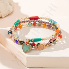 3-Piece Boho Heart Charm Beaded Bracelet Stack