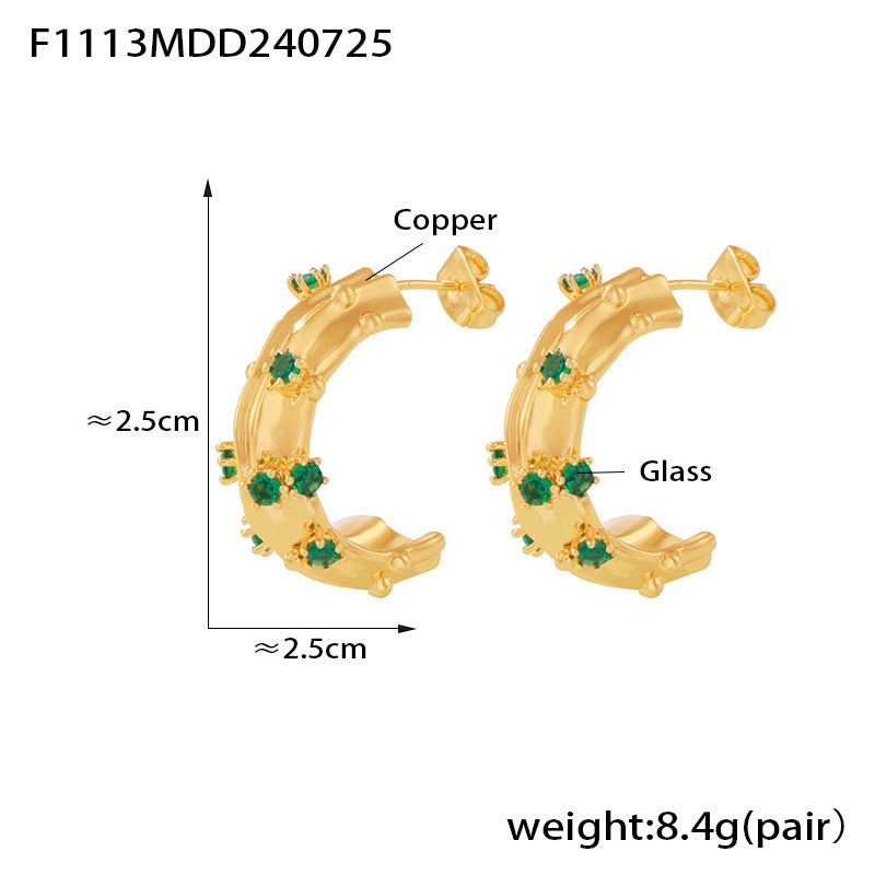 18K Gold-Plated Green Glass C-Hoop Earrings