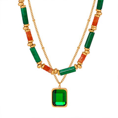 Green Stone & Geometric Pendant Layered Necklace