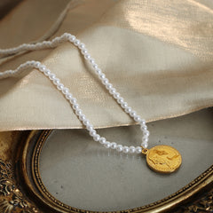 Faux Pearl Portrait Coin Pendant Necklace