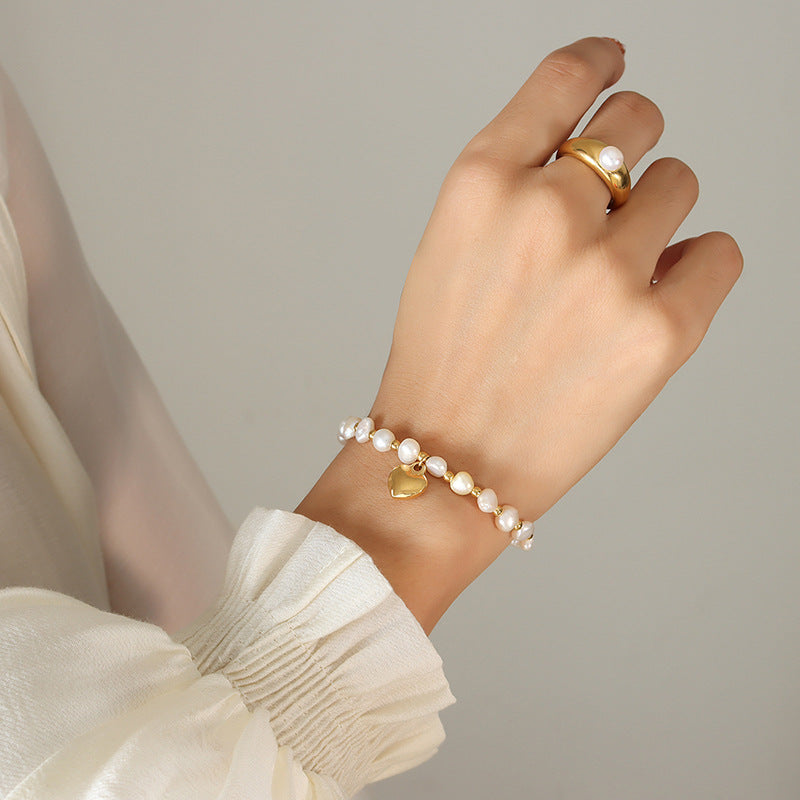 Freshwater Pearl Heart Charm Stretch Bracelet